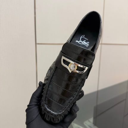 CHRISTIAN LOUBOUTIN 26S LOAFERS IN BLACK SHINY CROCODILE-EMBOSSED CALFSKIN