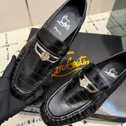 CHRISTIAN LOUBOUTIN 26S LOAFERS IN BLACK SHINY CROCODILE-EMBOSSED CALFSKIN