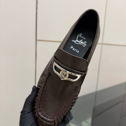 CHRISTIAN LOUBOUTIN 26S LOAFERS IN DARK BROWN CALFSKIN WITH SILVER HARDWARE