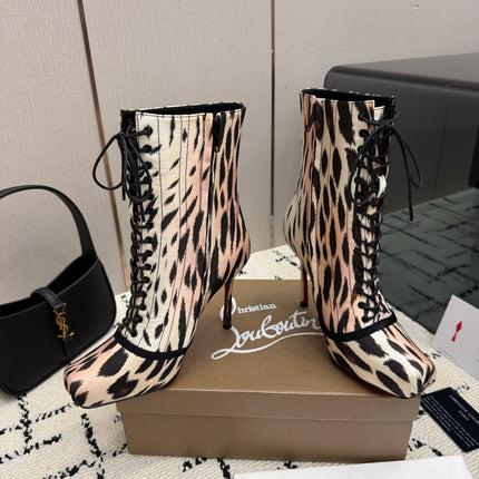 CHRISTIAN LOUBOUTIN 26S LACE-UP HEEL BOOTS 100 MM IN BLACK MIX BEIGE PRINT SATIN