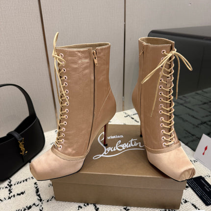 CHRISTIAN LOUBOUTIN 26S LACE-UP HEEL BOOTS 100 MM IN BEIGE SATIN