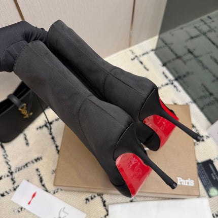 CHRISTIAN LOUBOUTIN 26S LACE-UP HEEL BOOTS 100 MM IN BLACK SATIN