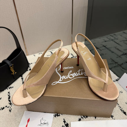 CHRISTIAN LOUBOUTIN 26S THONG SLINGBACK HEELS 85 MM IN BEIGE SATIN