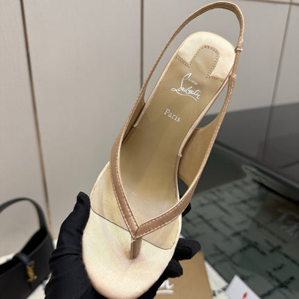 CHRISTIAN LOUBOUTIN 26S THONG SLINGBACK HEELS 85 MM IN BEIGE SATIN