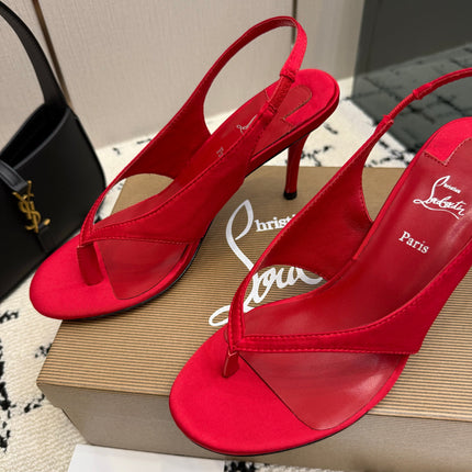 CHRISTIAN LOUBOUTIN 26S THONG SLINGBACK HEELS 85 MM IN RED SATIN