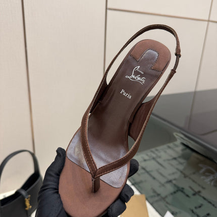 CHRISTIAN LOUBOUTIN 26S THONG SLINGBACK HEELS 85 MM IN BROWN SATIN