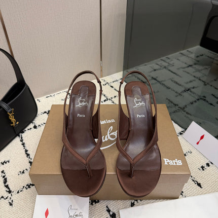 CHRISTIAN LOUBOUTIN 26S THONG SLINGBACK HEELS 85 MM IN BROWN SATIN