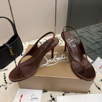 CHRISTIAN LOUBOUTIN 26S THONG SLINGBACK HEELS 85 MM IN BROWN SATIN