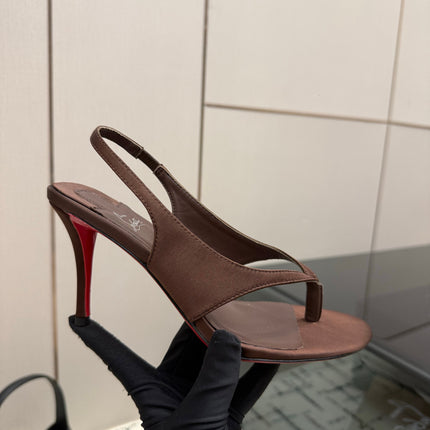 CHRISTIAN LOUBOUTIN 26S THONG SLINGBACK HEELS 85 MM IN BROWN SATIN