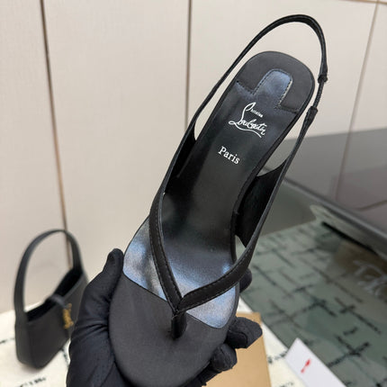CHRISTIAN LOUBOUTIN 26S THONG SLINGBACK HEELS 85 MM IN BLACK SATIN