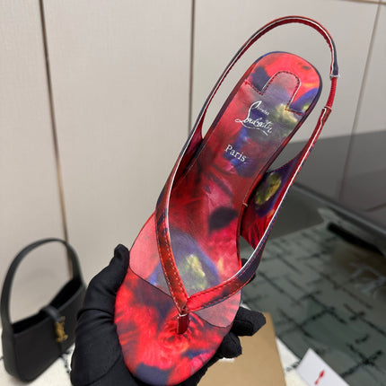CHRISTIAN LOUBOUTIN 26S THONG SLINGBACK HEELS 85 MM IN RED FLORAL PRINT SATIN
