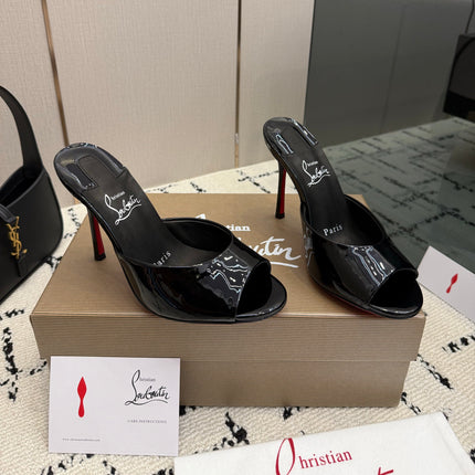 CHRISTIAN LOUBOUTIN 26S OPEN-TOE HIGH HEEL SANDALS 105 MM IN BLACK GLOSSY CALFSKIN