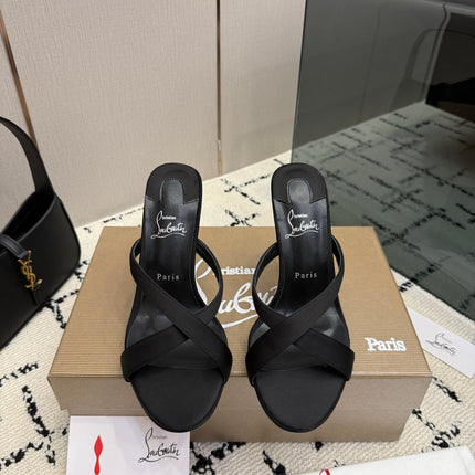CHRISTIAN LOUBOUTIN 26S CROSS-STRAP HIGH HEEL SANDALS 105 MM IN BLACK SATIN