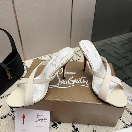 CHRISTIAN LOUBOUTIN 26S CROSS-STRAP HIGH HEEL SANDALS 105 MM IN CREAM WHITE CALFSKIN