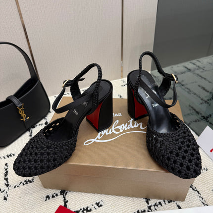 CHRISTIAN LOUBOUTIN 26S HEEL SANDALS 85 MM IN BLACK WOVEN LEATHER