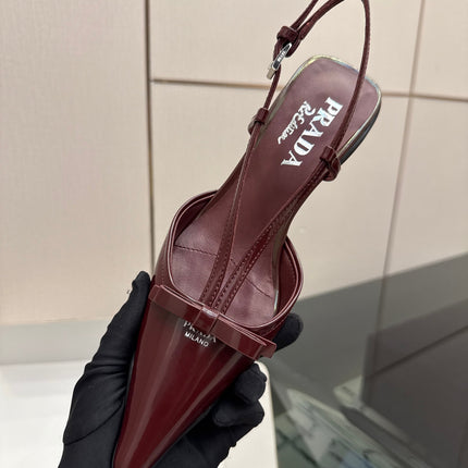 PRADA 26S POINTED TOE SLINGBACK KITTEN HEELS IN DARK RED CALFSKIN WITH BOW