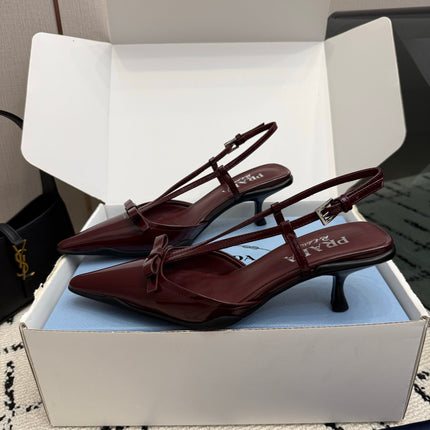 PRADA 26S POINTED TOE SLINGBACK KITTEN HEELS IN DARK RED CALFSKIN WITH BOW