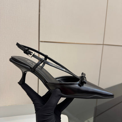 PRADA 26S POINTED TOE SLINGBACK KITTEN HEELS IN BLACK CALFSKIN WITH BOW