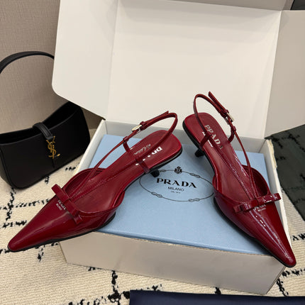 PRADA 26S POINTED TOE SLINGBACK KITTEN HEELS IN DARK RED PATENT CALFSKIN WITH BOW