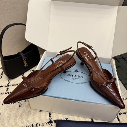PRADA 26S POINTED TOE SLINGBACK KITTEN HEELS IN BROWN PATENT CALFSKIN WITH BOW