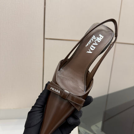 PRADA 26S BUCKLE STRAP SLINGBACK PUMPS IN BROWN CALFSKIN WITH BOW