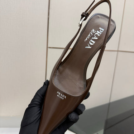 PRADA 26S BUCKLE STRAP SLINGBACK PUMPS IN BROWN CALFSKIN