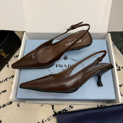 PRADA 26S BUCKLE STRAP SLINGBACK PUMPS IN BROWN CALFSKIN