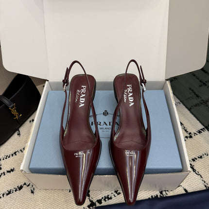 PRADA 26S BUCKLE STRAP SLINGBACK PUMPS IN DARK RED CALFSKIN