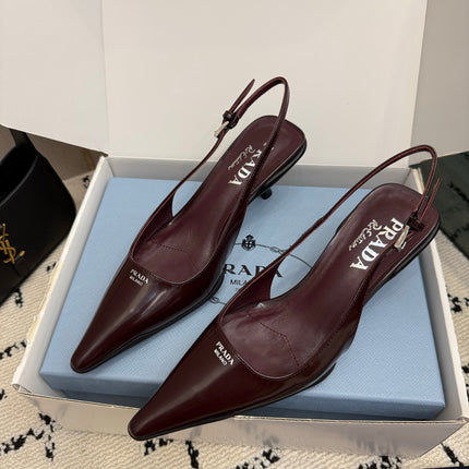 PRADA 26S BUCKLE STRAP SLINGBACK PUMPS IN BURGUNDY RED CALFSKIN