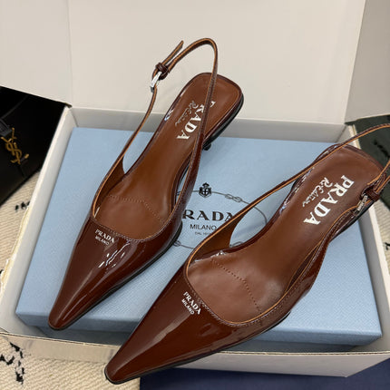 PRADA 26S BUCKLE STRAP SLINGBACK PUMPS IN BROWN PATENT CALFSKIN