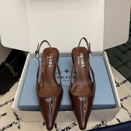 PRADA 26S BUCKLE STRAP SLINGBACK PUMPS IN BROWN PATENT CALFSKIN