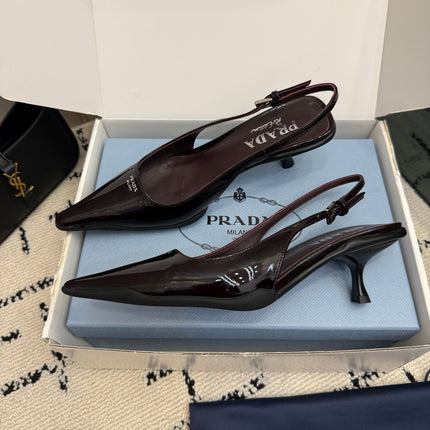 PRADA 26S BUCKLE STRAP SLINGBACK PUMPS IN BURGUNDY RED PATENT CALFSKIN