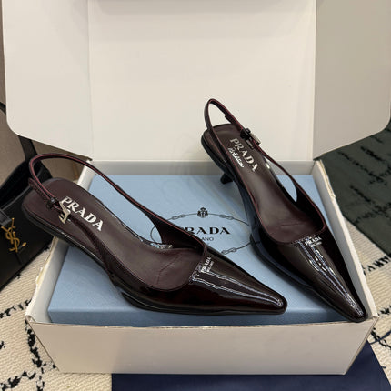 PRADA 26S BUCKLE STRAP SLINGBACK PUMPS IN BURGUNDY RED PATENT CALFSKIN