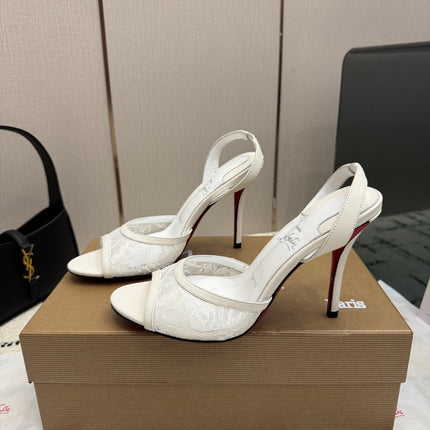 CHRISTIAN LOUBOUTIN 26S HIGH HEEL SANDALS 105 MM IN CREAM WHITE LACE AND LEATHER