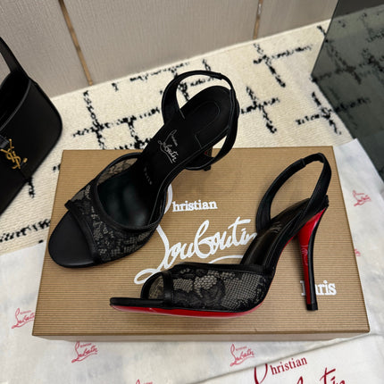 CHRISTIAN LOUBOUTIN 26S HIGH HEEL SANDALS 105 MM IN BLACK LACE AND LEATHER
