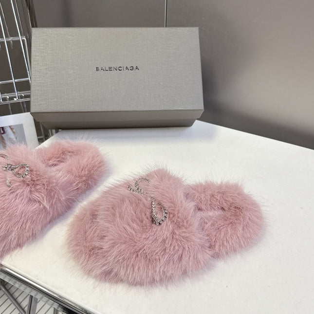 BALENCIAGA 25S SOFT FUR SLIPPERS IN LIGHT PINK FUR WITH RHINESTONE BOW