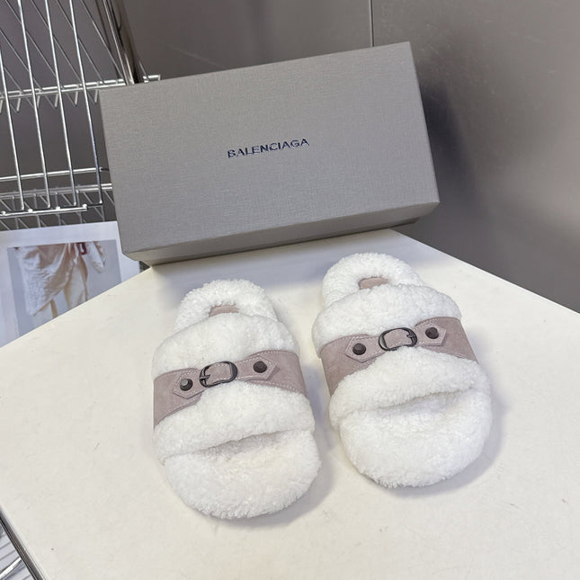 BALENCIAGA 25S SLIPPERS IN DUSTY PINK GRAY SUEDE AND WHITE WOOL