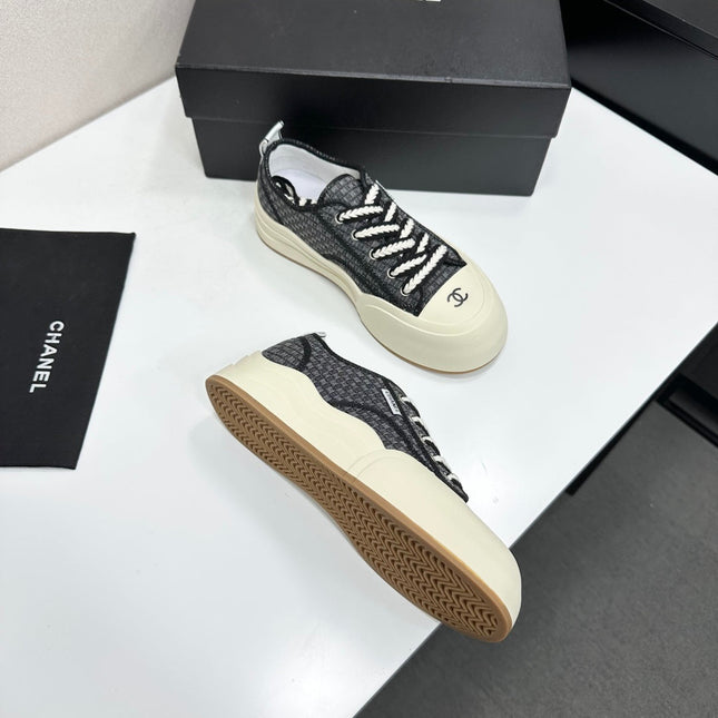 CHANEL 26S PLATFORM SNEAKERS IN BLACK CHECKERED WOVEN FABRIC