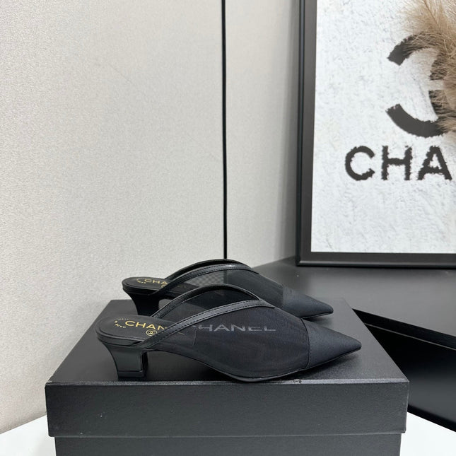 CHANEL 26S HIGH HEELS MULES 35 MM IN BLACK MESH