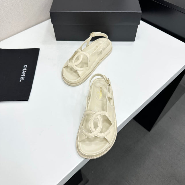 CHANEL 26S FLAT SANDALS IN CREAM WHITE LAMBSKIN