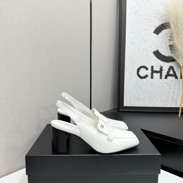 CHANEL 26S SLINGBACK LOAFER PUMPS IN WHITE PATENT CALFSKIN