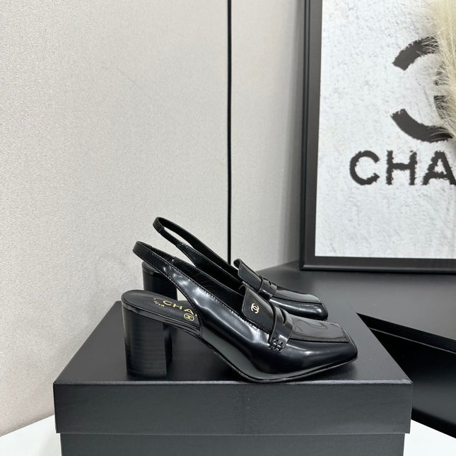 CHANEL 26S SLINGBACK LOAFER PUMPS IN BLACK PATENT CALFSKIN