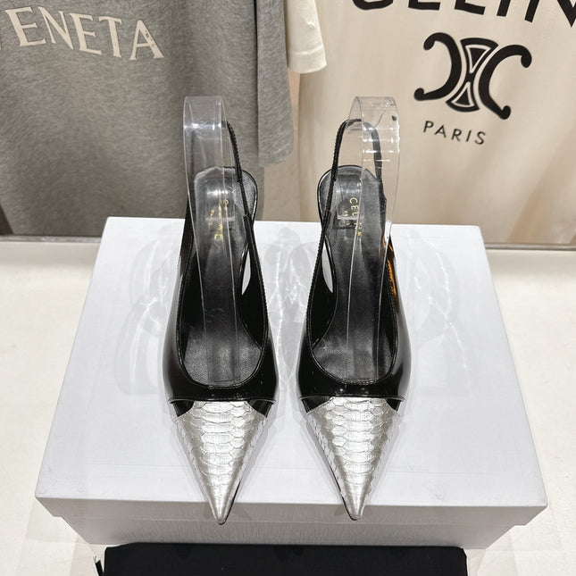 JUDY CAP TOE SLINGBACK 65MM IN BLACK SHINY CALFSKIN AND SILVER SNAKE EMBOSSED LEATHER