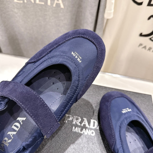 PRADA 25S COLLAPSE RE NYLON AND SUEDE BALLERINAS IN DARK BLUE