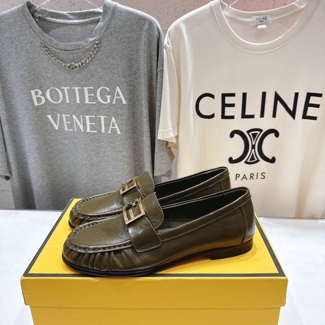 FENDI 25S LOAFERS IN DARK OLIVE BROWN CALFSKIN
