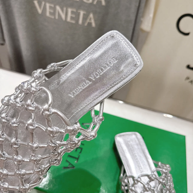 BOTTEGA VENETA 26S WOVEN MULES IN SILVER LAMBSKIN
