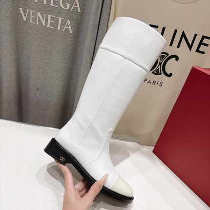 VALENTINO 26S KNEE HIGH BOOTS IN WHITE CALFSKIN WITH PATENT CAP TOE