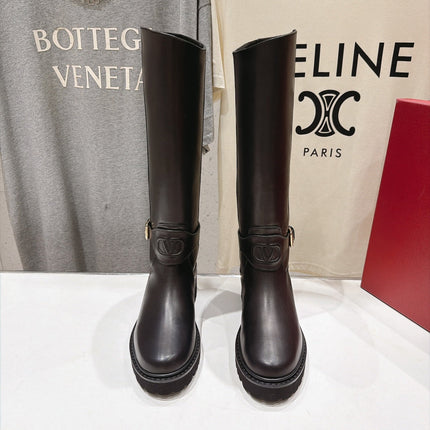 VALENTINO 26S KNEE HIGH BOOTS IN BLACK CALFSKIN WITH LOGO STRAP