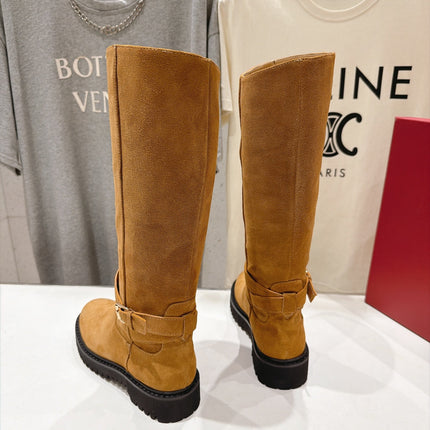 VALENTINO 26S KNEE HIGH BOOTS IN CAMEL BROWN SUEDE WITH LOGO STRAP