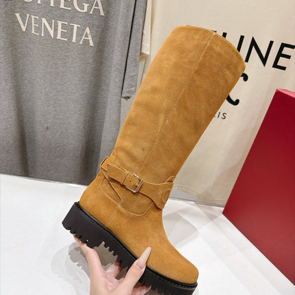 VALENTINO 26S KNEE HIGH BOOTS IN CAMEL BROWN SUEDE WITH LOGO STRAP